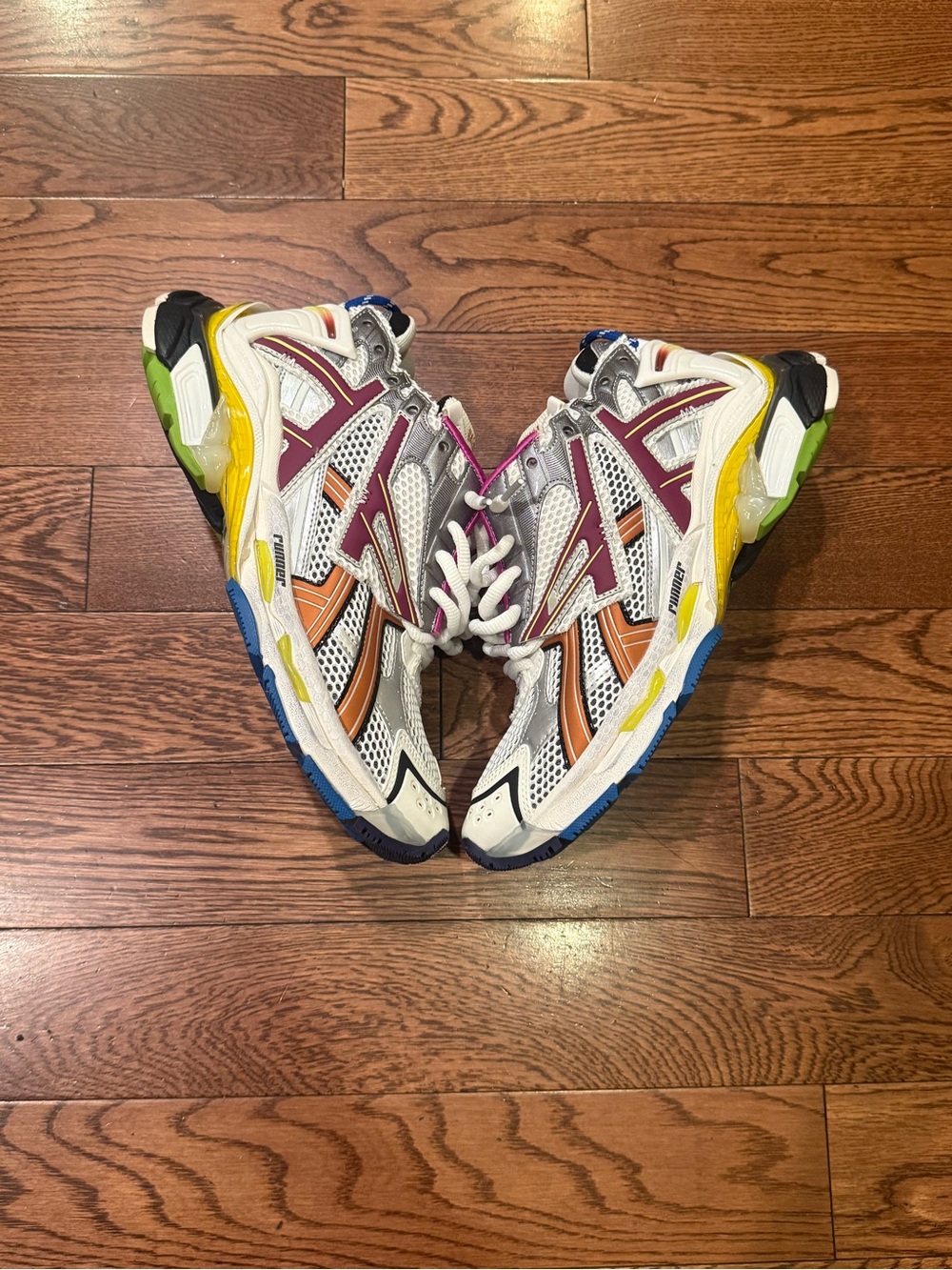 Balenciaga Multicolor Mesh and Leather Trainer with Purple Accents